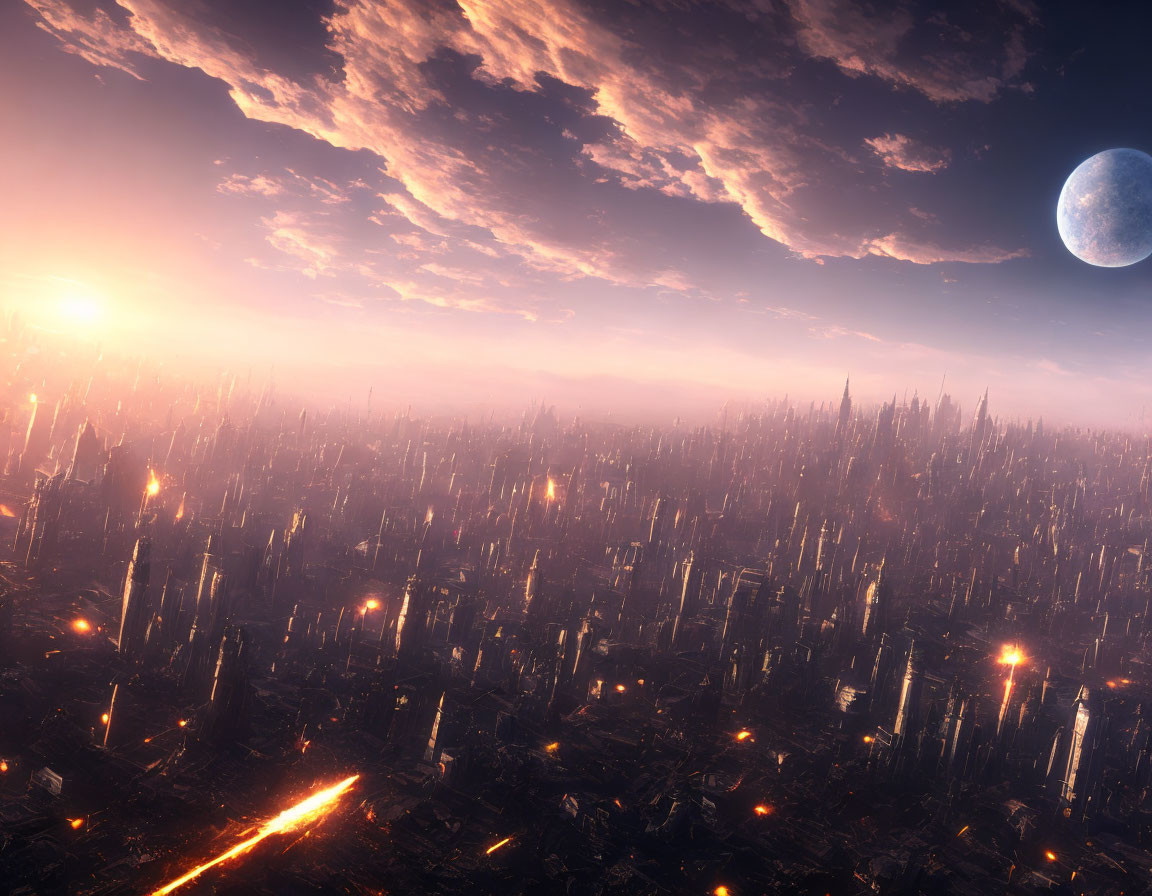 Futuristic cityscape at sunset with skyscrapers, glowing lights, air traffic, vast sky