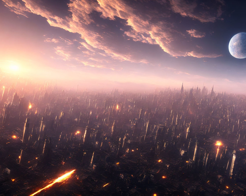 Futuristic cityscape at sunset with skyscrapers, glowing lights, air traffic, vast sky