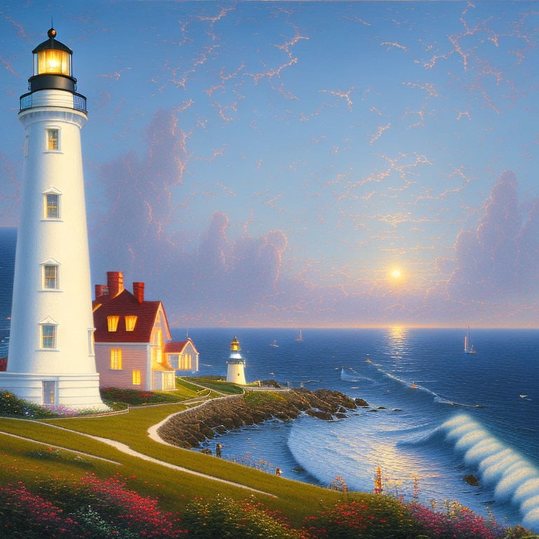 Scenic sunset view of lighthouses, boats, and ocean