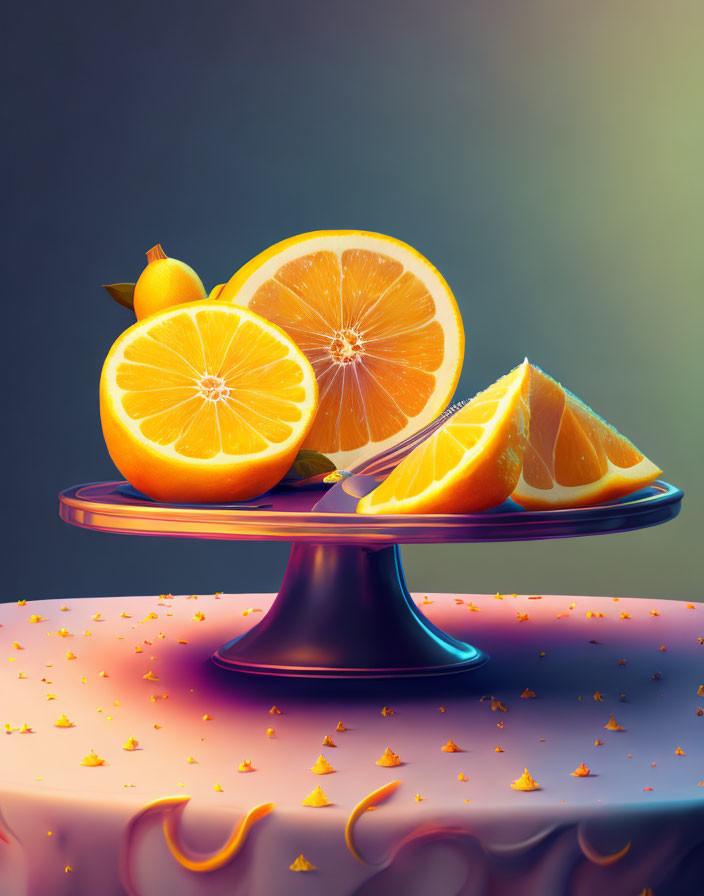 Colorful Still Life of Oranges on Pedestal Tray with Zest on Gradient Background