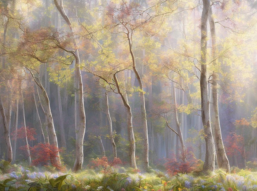 Misty forest with thin trees, green foliage, and red blooms