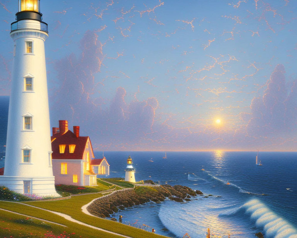 Scenic sunset view of lighthouses, boats, and ocean