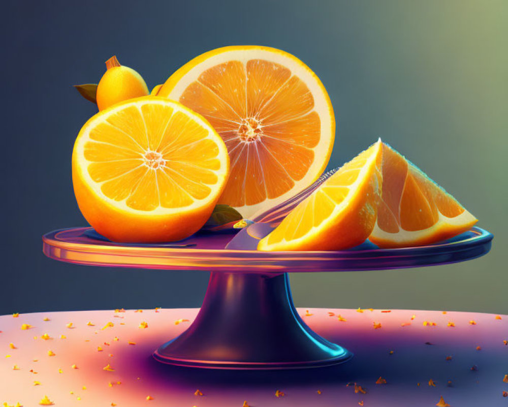 Colorful Still Life of Oranges on Pedestal Tray with Zest on Gradient Background