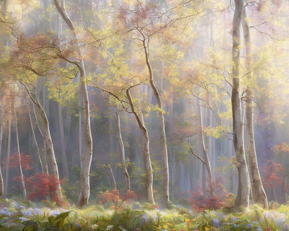 Misty forest with thin trees, green foliage, and red blooms