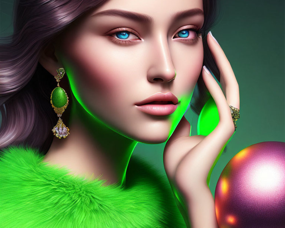 Digital artwork: Woman with blue eyes in green fur garment and purple orb