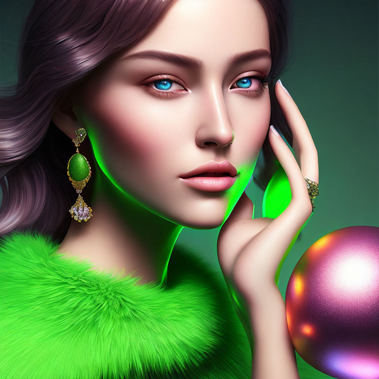 Digital artwork: Woman with blue eyes in green fur garment and purple orb