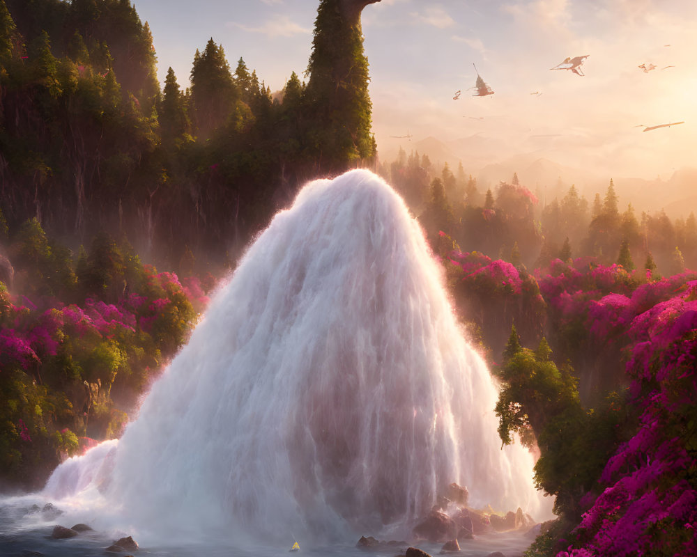 Majestic dragon waterfall in lush pink flora landscape