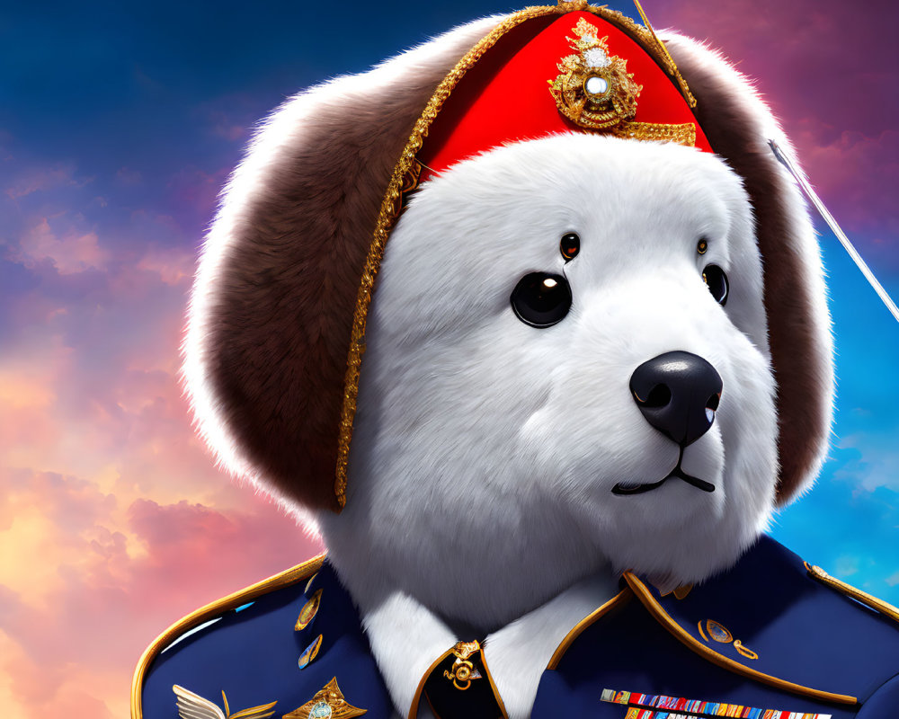 Animated Bear in Military Uniform with Medals and Red Dress Hat on Dramatic Sky Background