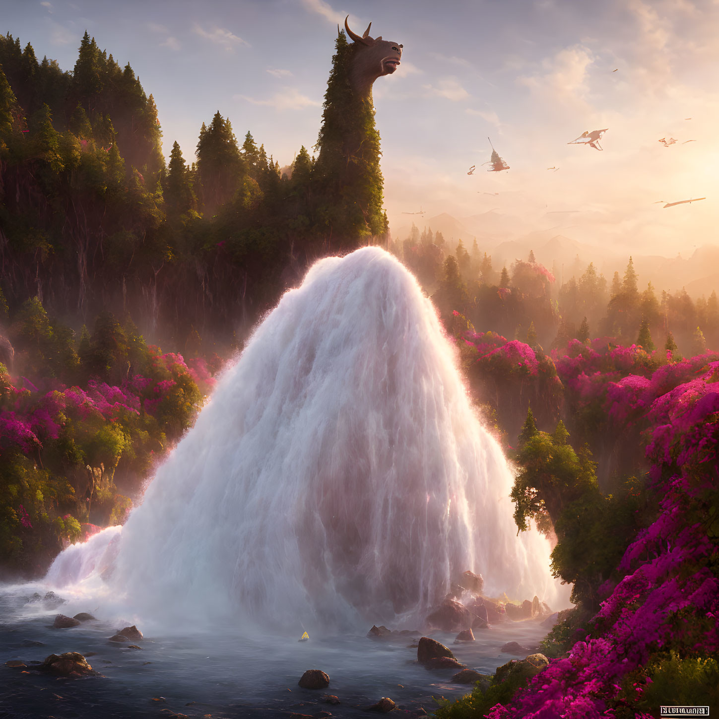 Majestic dragon waterfall in lush pink flora landscape