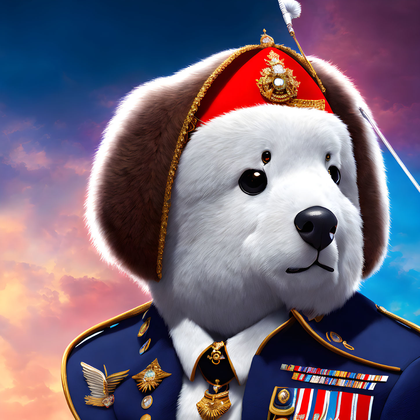 Animated Bear in Military Uniform with Medals and Red Dress Hat on Dramatic Sky Background