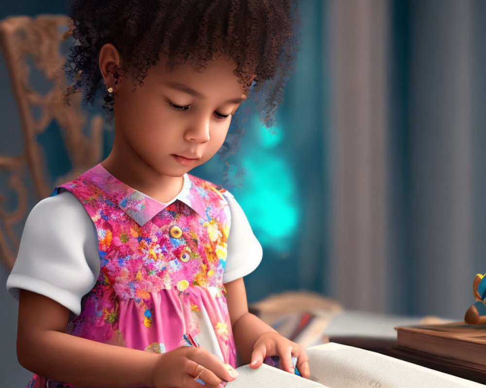 Curly-Haired Girl Writing in Book Surrounded by Books and Toy