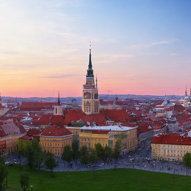 European City Sunset View with Historical Buildings and People