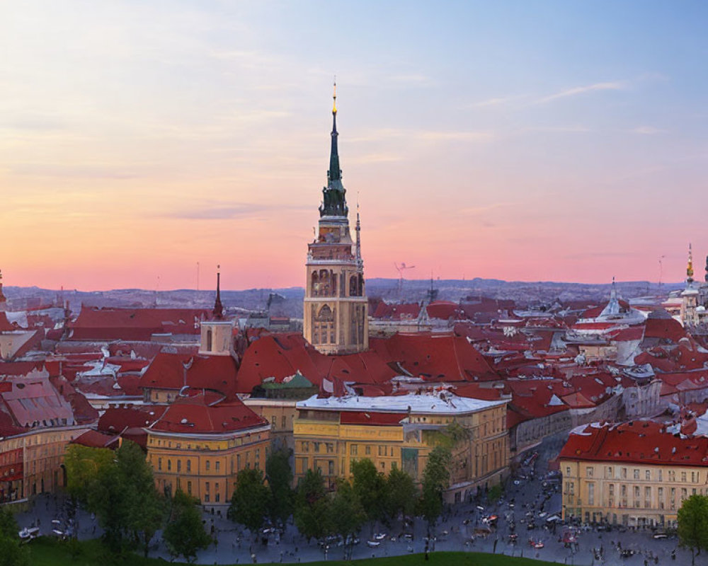 European City Sunset View with Historical Buildings and People