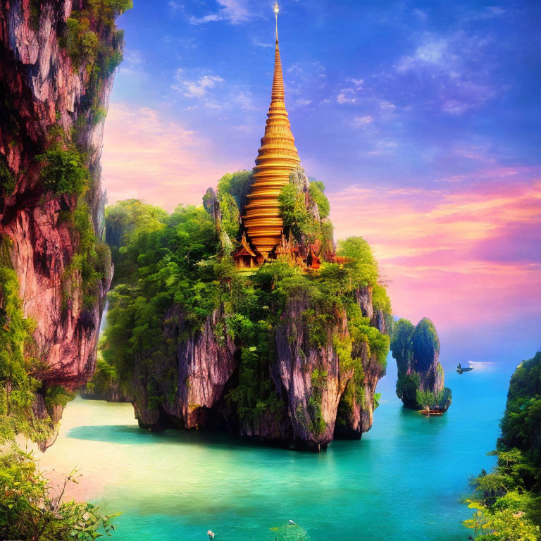 Golden Pagoda on Cliff-Edged Island at Sunset