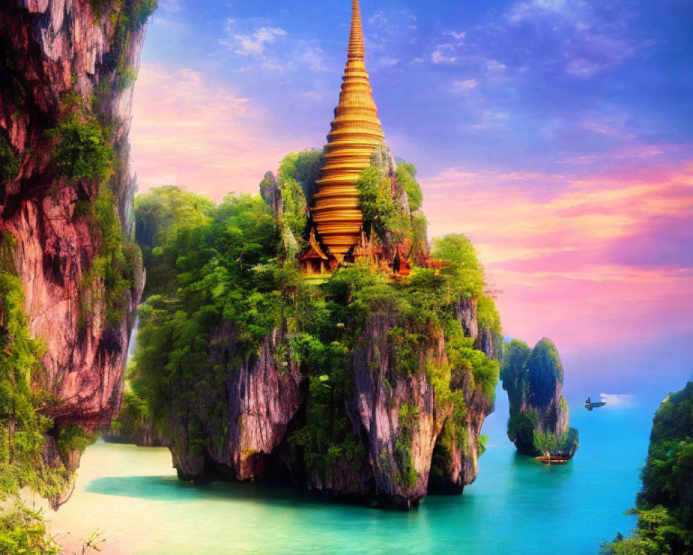 Golden Pagoda on Cliff-Edged Island at Sunset