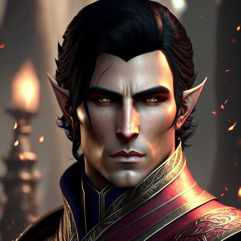 Male elf digital artwork: stern expression, sharp features, red eyes, elegant attire