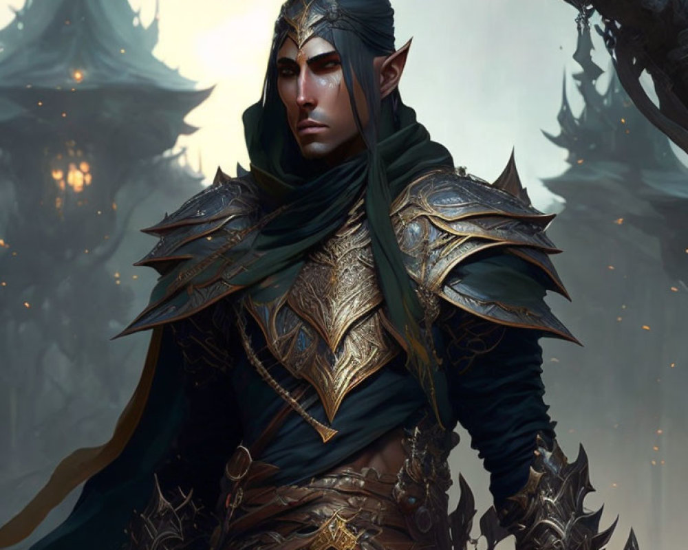 Male elf in detailed fantasy armor with green cloak, against misty castle backdrop