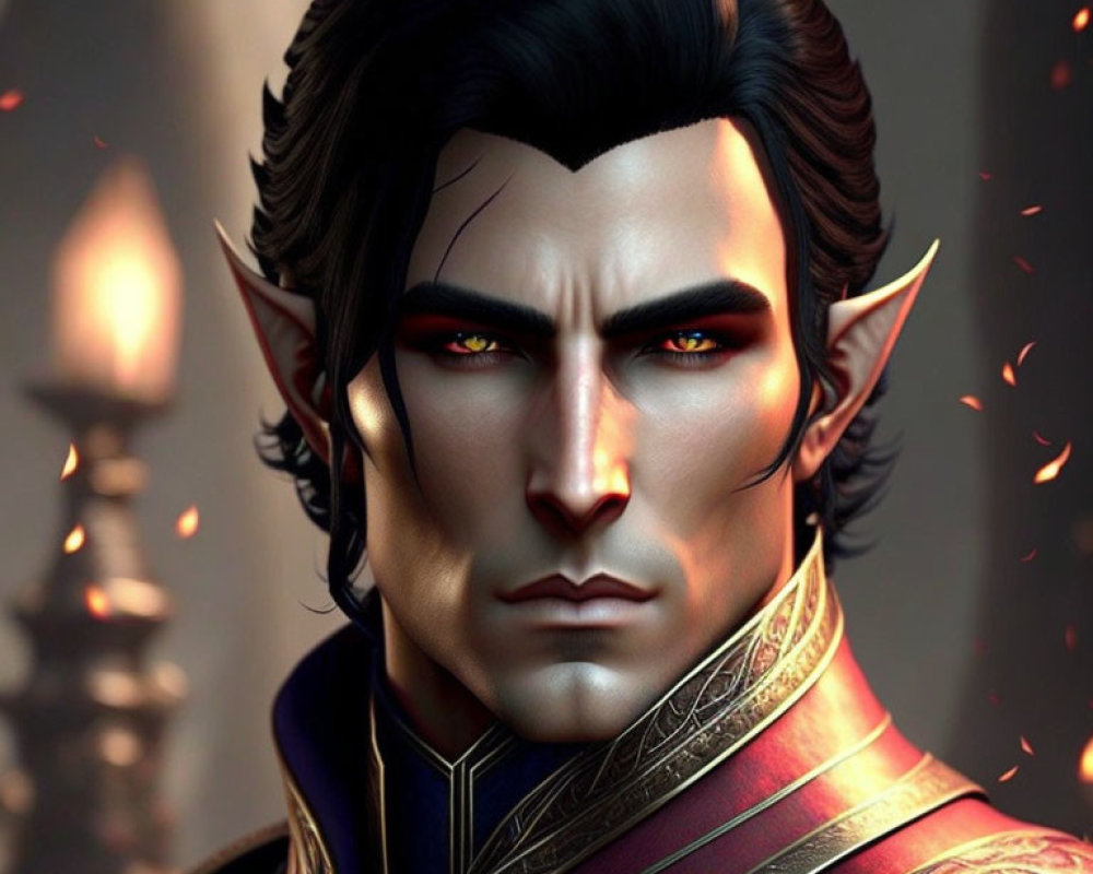 Male elf digital artwork: stern expression, sharp features, red eyes, elegant attire