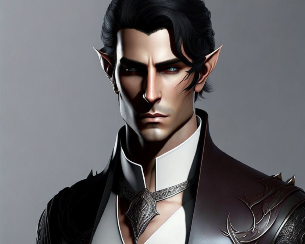 Male fantasy elf digital artwork: sharp features, pointed ears, black hair, intricate armor.