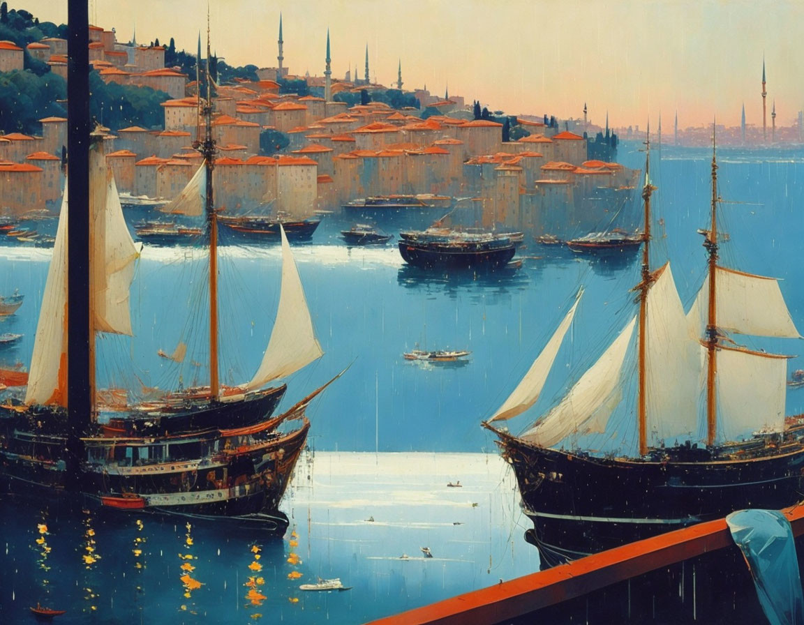 Historic port painting with sailboats, orange-roofed buildings, and minarets at dusk