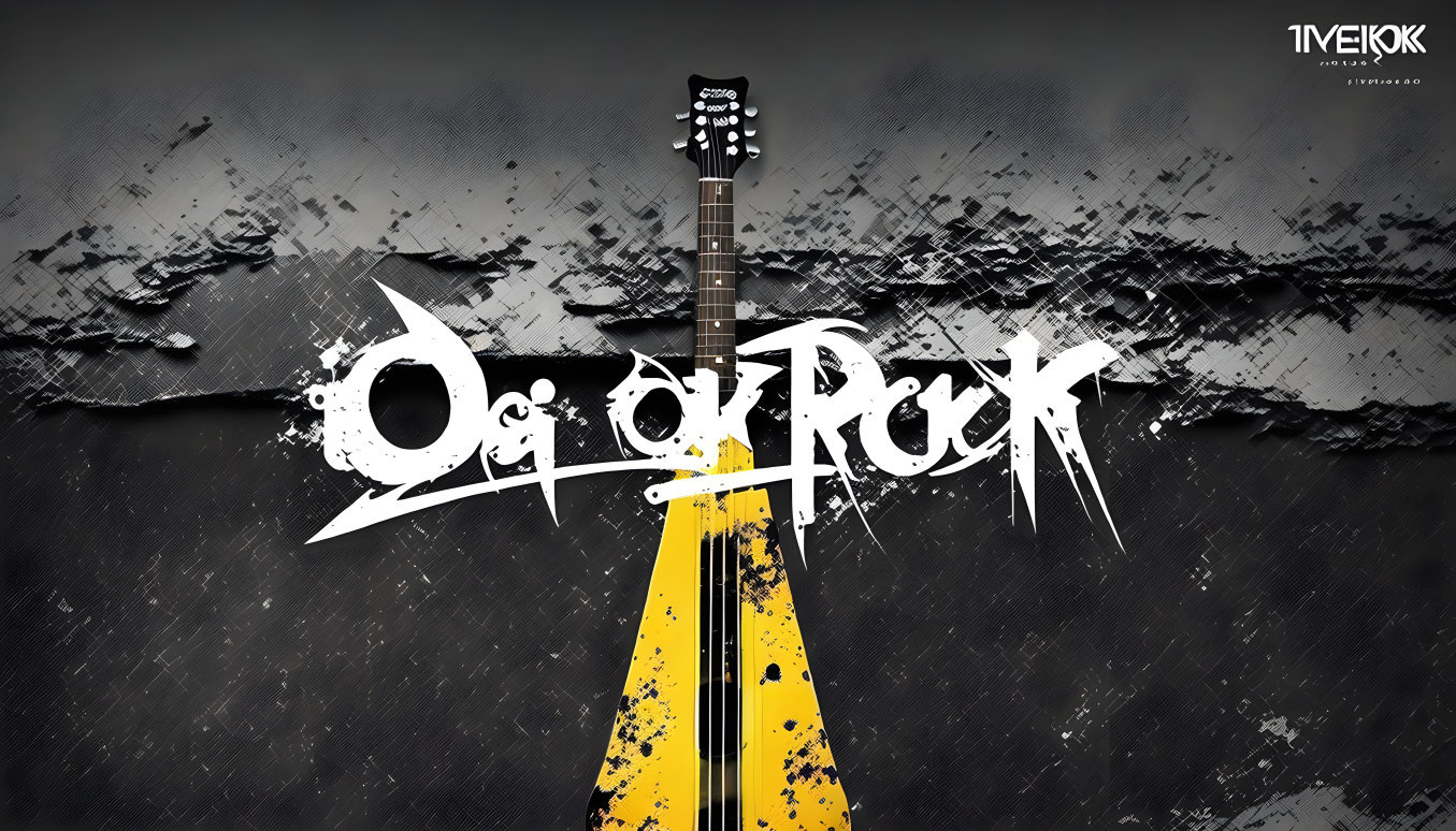 Yellow Electric Guitar Neck with "Day of Rock" Text on Dark Background