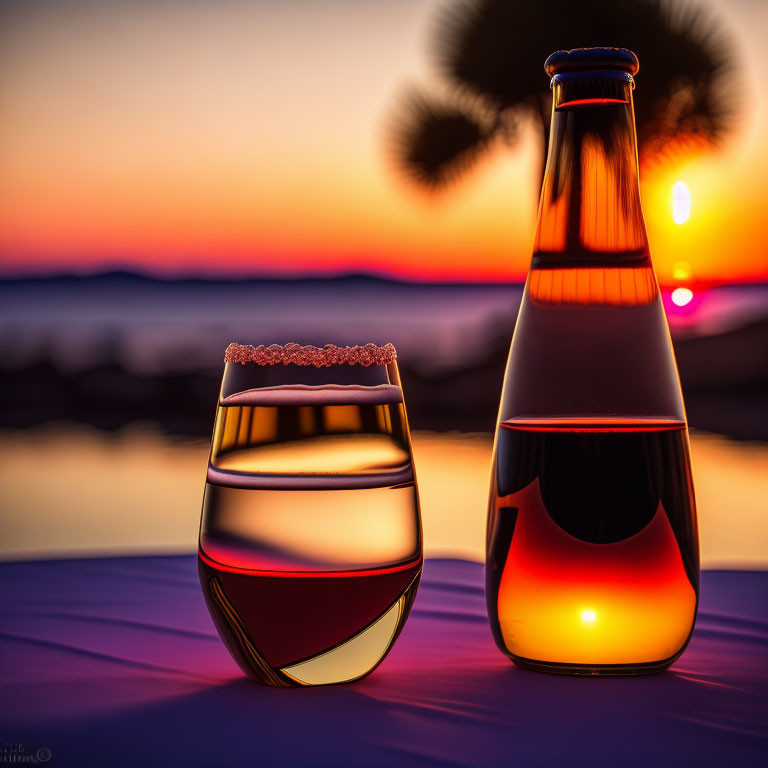 Glass of Rose Wine and Bottle on Table with Sunset and Palm Tree Silhouette