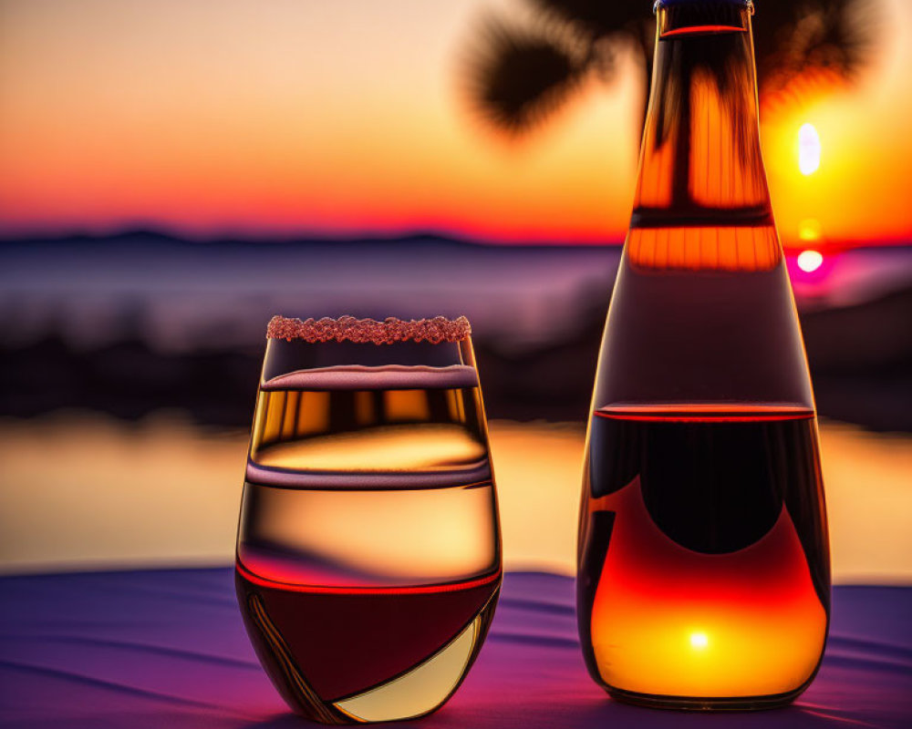 Glass of Rose Wine and Bottle on Table with Sunset and Palm Tree Silhouette