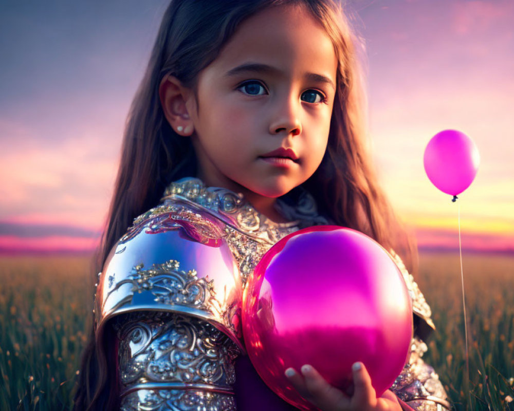 Young girl with long hair holding pink sphere in field at sunset with purple balloon.