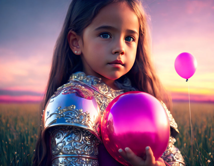 Young girl with long hair holding pink sphere in field at sunset with purple balloon.