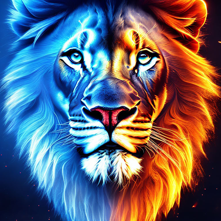 Colorful lion digital artwork with split blue and orange face on dark backdrop