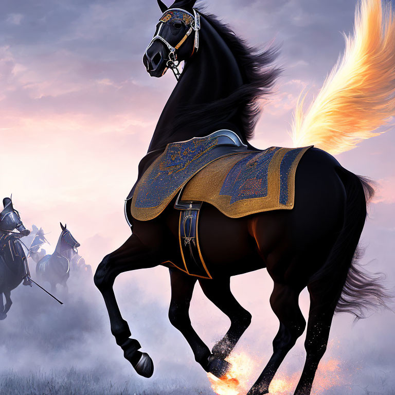 Majestic black horse with fiery mane and gold-trimmed saddle in misty backdrop