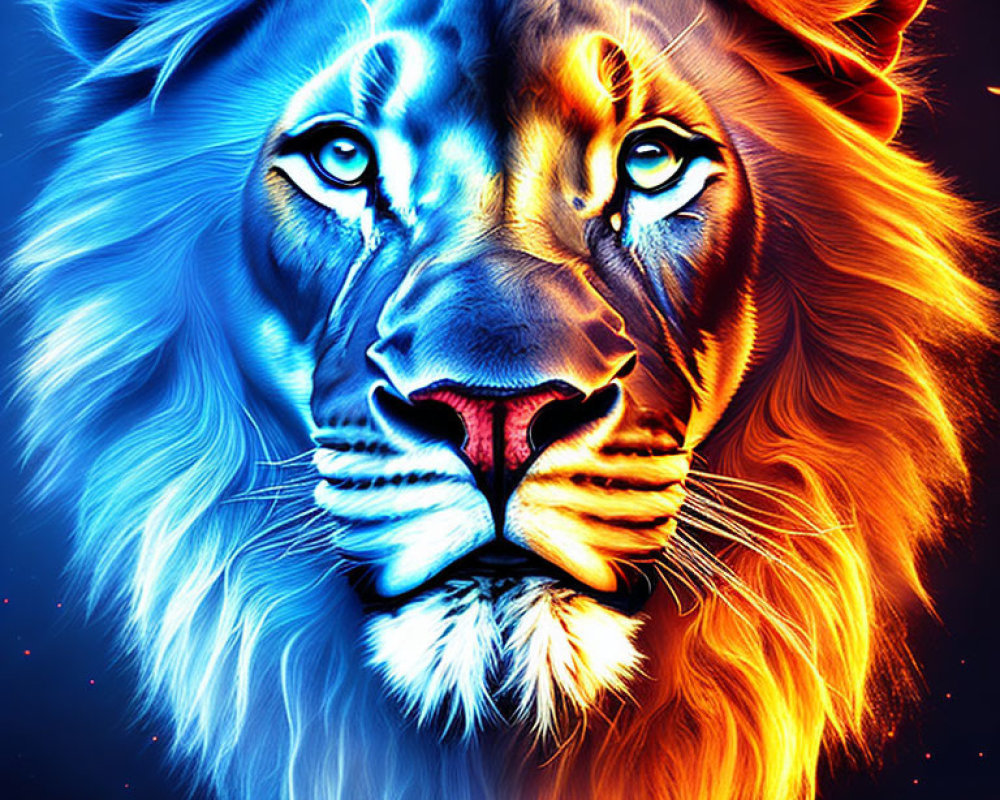 Colorful lion digital artwork with split blue and orange face on dark backdrop