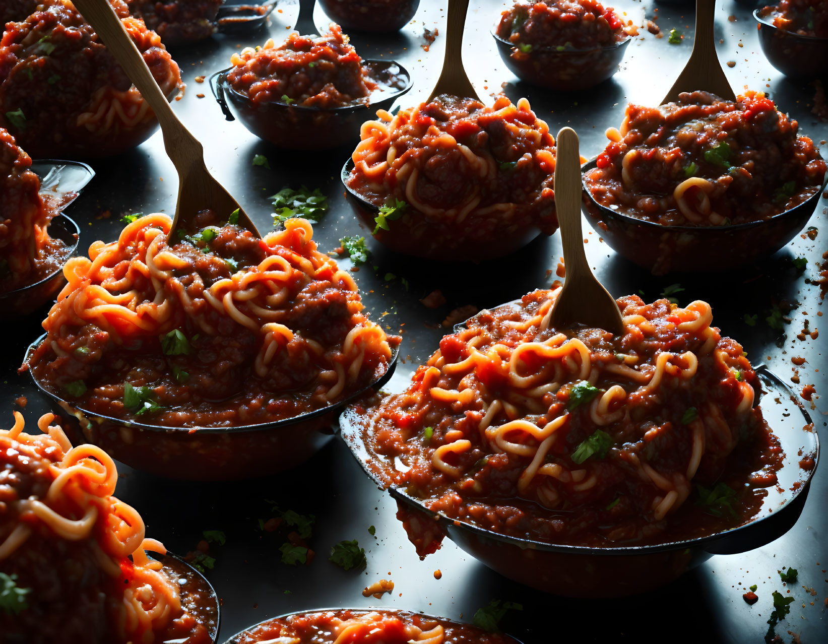 Bowls of Spaghetti with Tomato Sauce and Parsley on Dark Surface