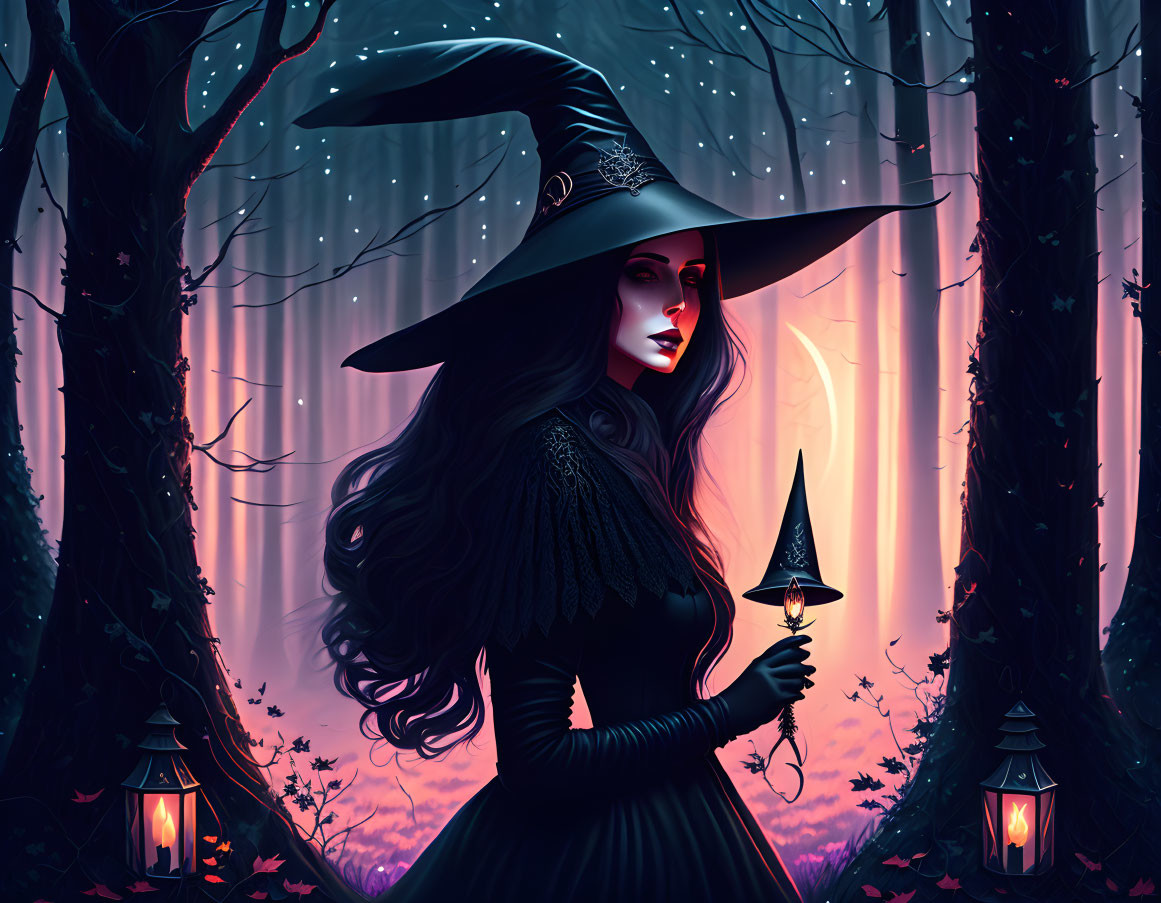 Stylized witch illustration in mystical forest with lanterns