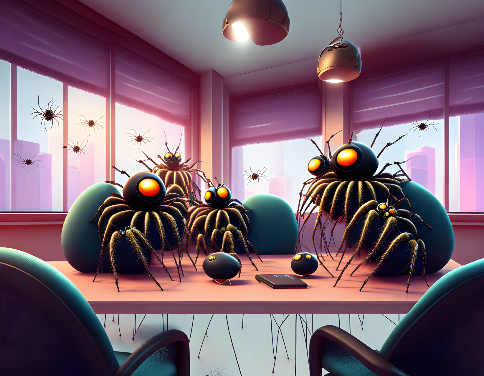 Giant animated spiders in modern room with city view