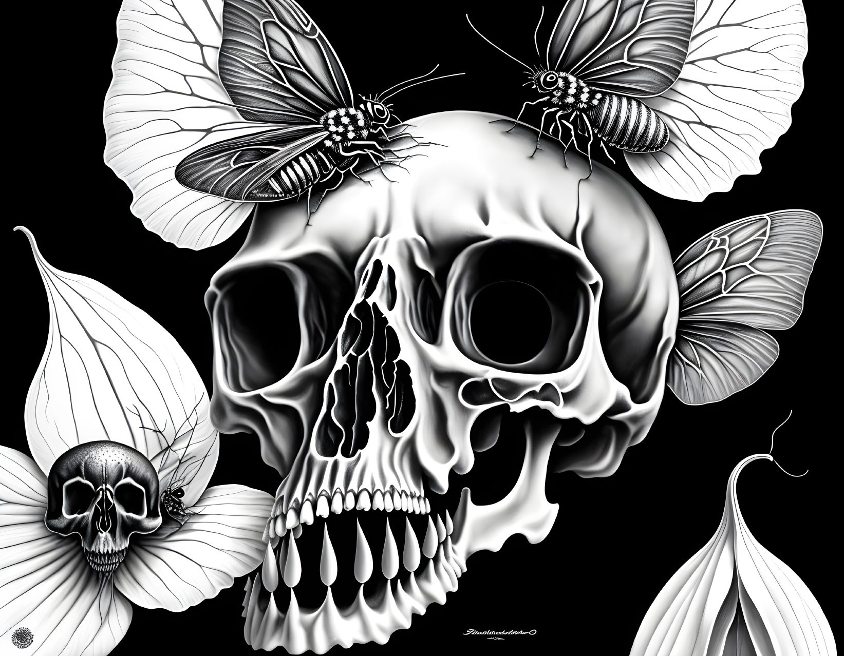 Monochromatic artwork: Human skull, butterflies, small skull, dark theme, artist signature