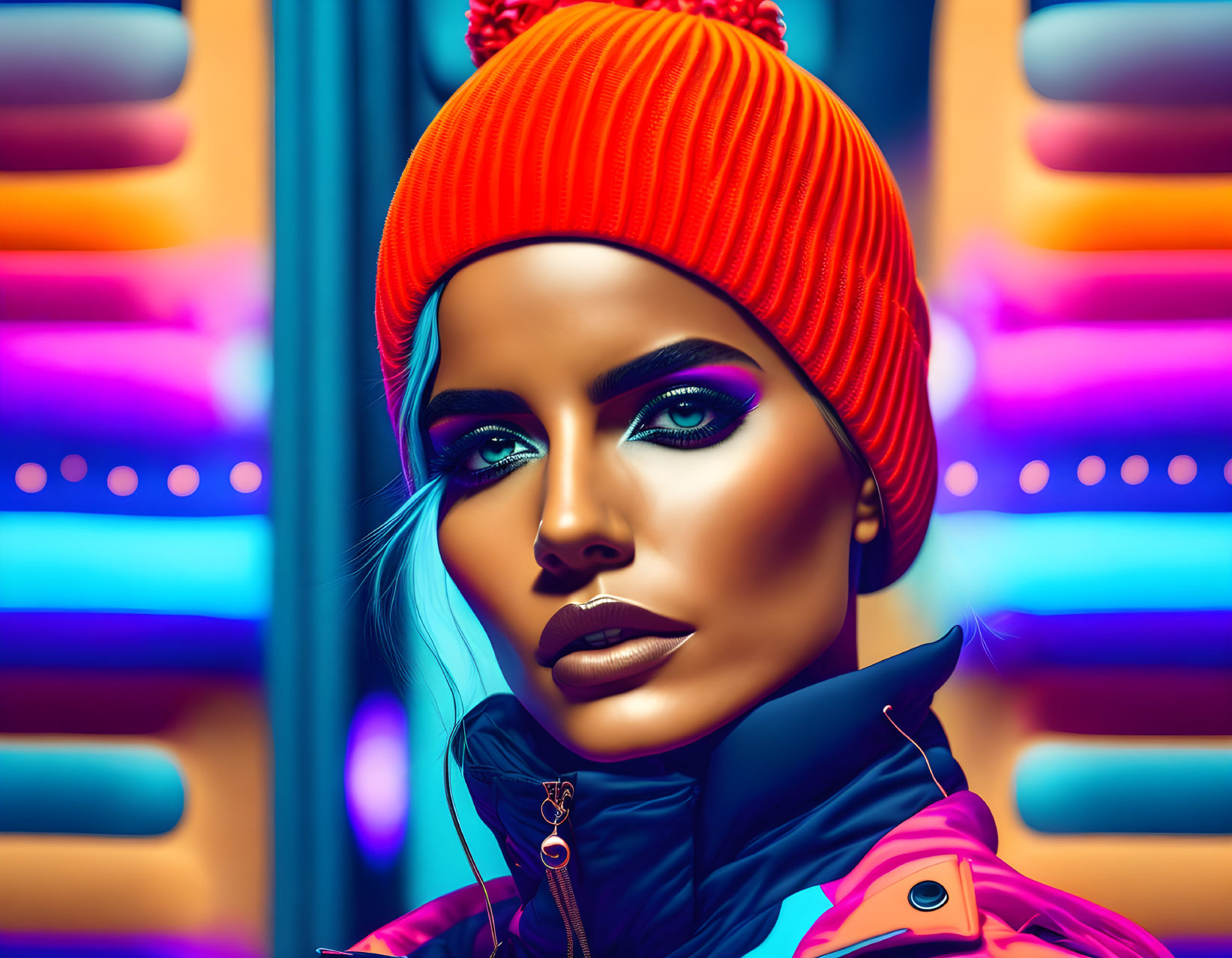 Vibrant digital portrait of woman in orange beanie and jacket