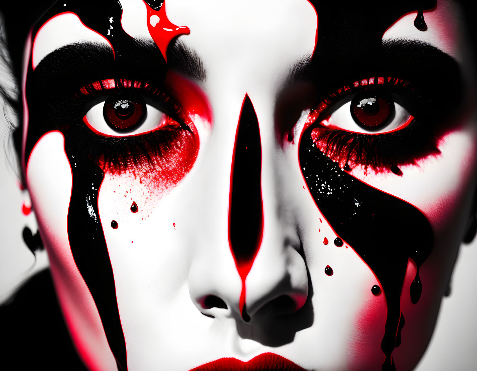 Vibrant red and black makeup portrait with intense eyes