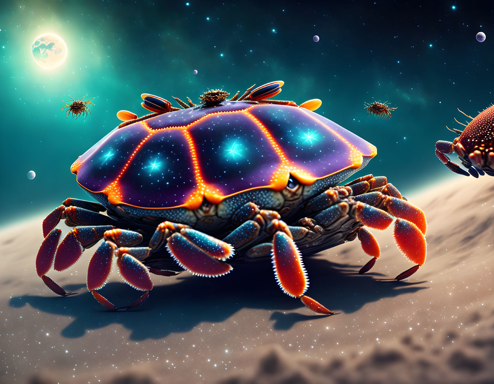 Colorful cosmic crab on sandy terrain with starry shell and glowing moon