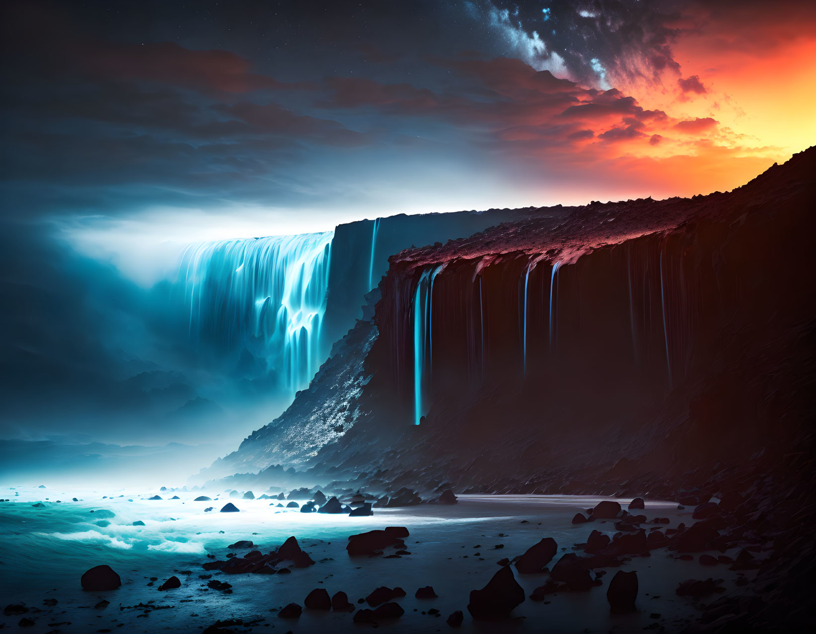 Dramatic night scene: luminous blue waterfall, fiery orange sky