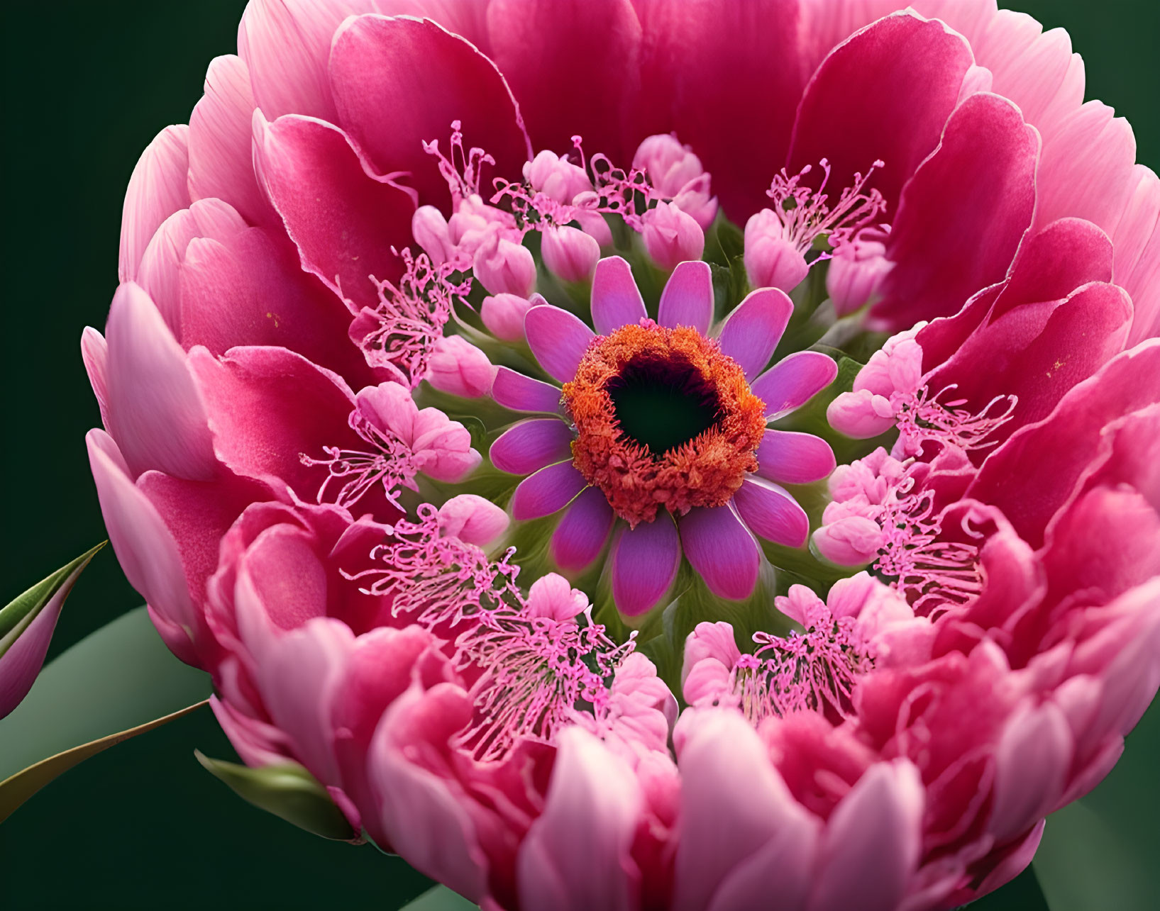 Detailed Vibrant Pink Flower with Intricate Petals on Dark Green Background