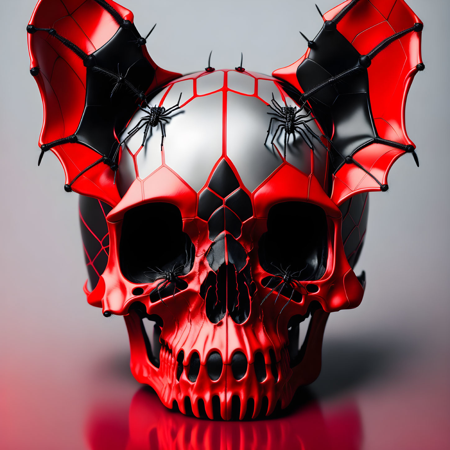 Red and White Skull with Spider Designs on Gradient Background