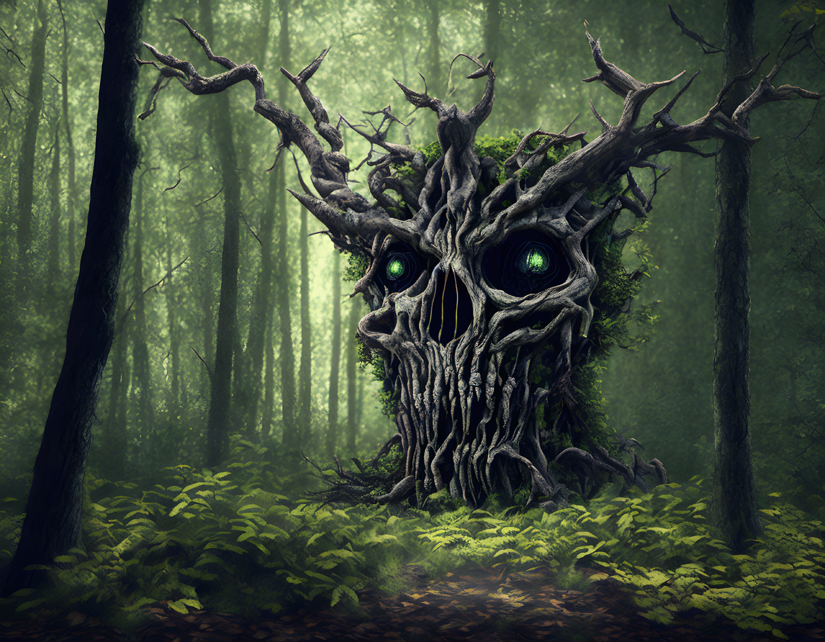 Mystical tree face with glowing green eyes in enchanted forest.