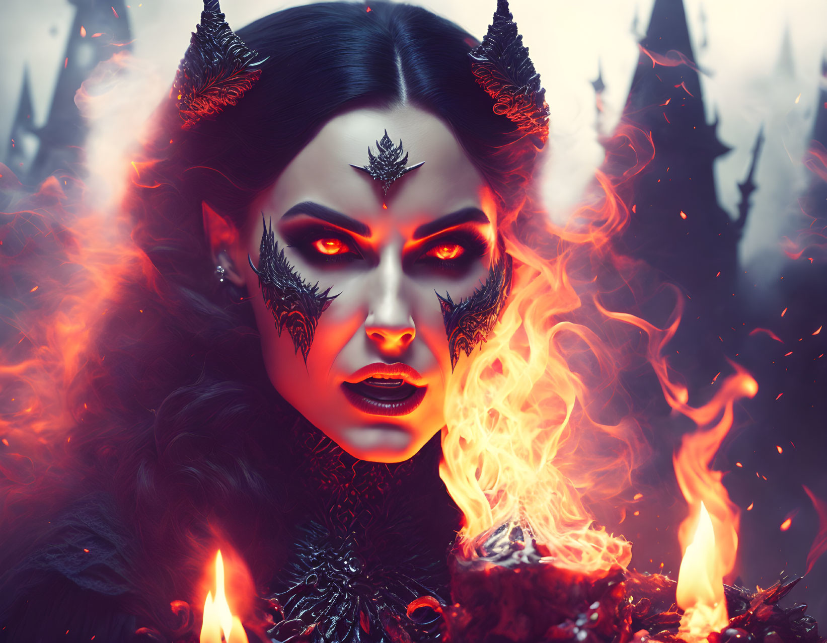 Dark-horned woman with fiery eyes holding a flame in mystical forest