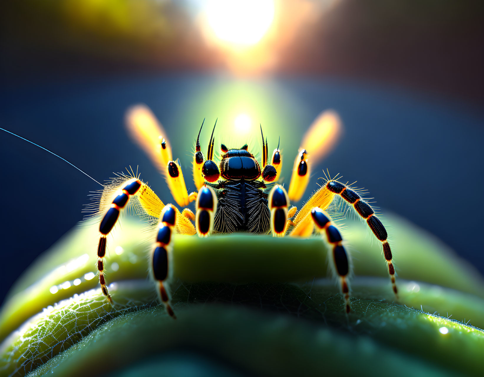 Colorful jumping spider on leaf with blurred sunset - vibrant patterns and intricate eyes