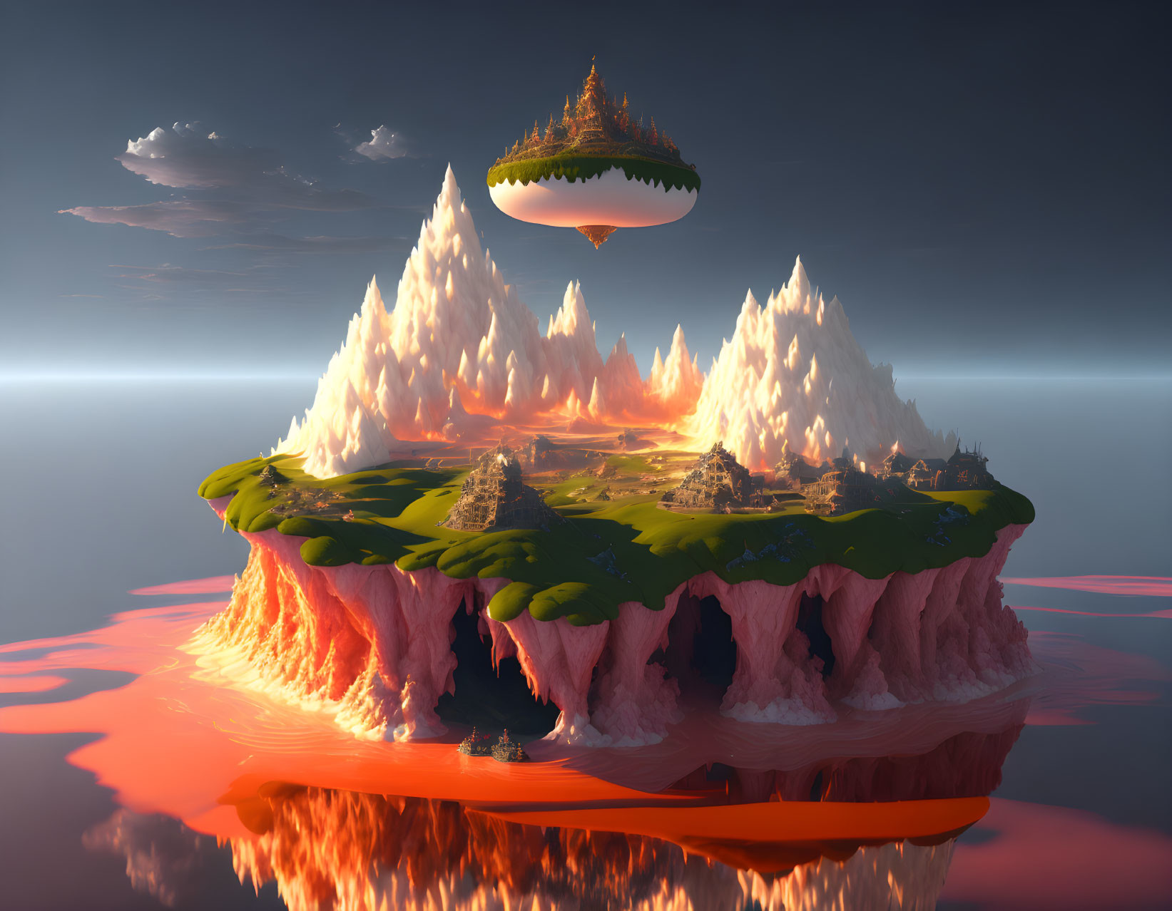 Fantastical floating island with snowy peaks and mirrored water surface