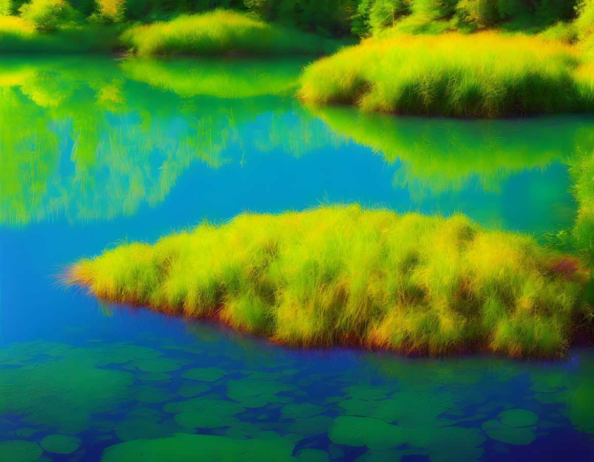 Tranquil pond scene with blue water, green grass, and water lilies