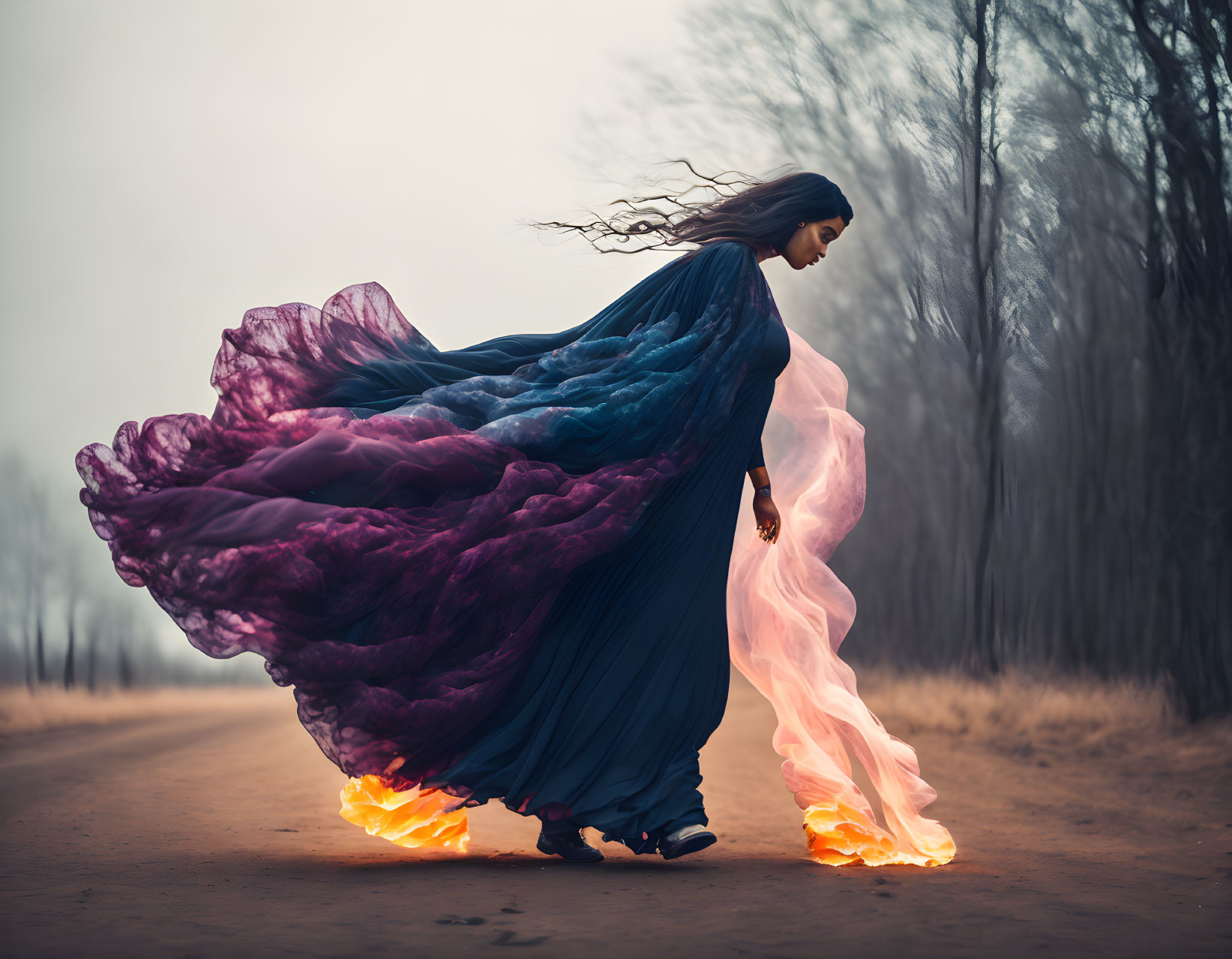 Multicolored flowing dress on misty road with wind-swept hair