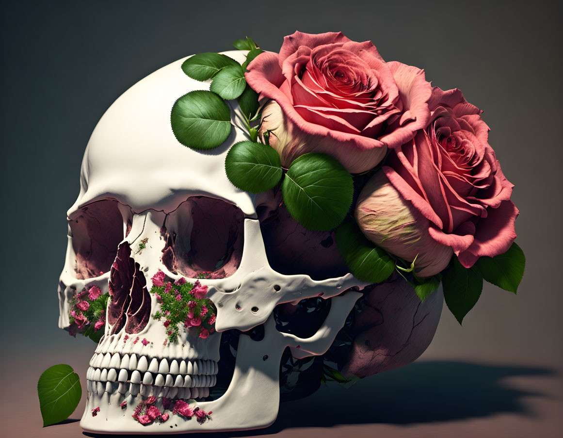 Skull with pink roses and green leaves symbolism