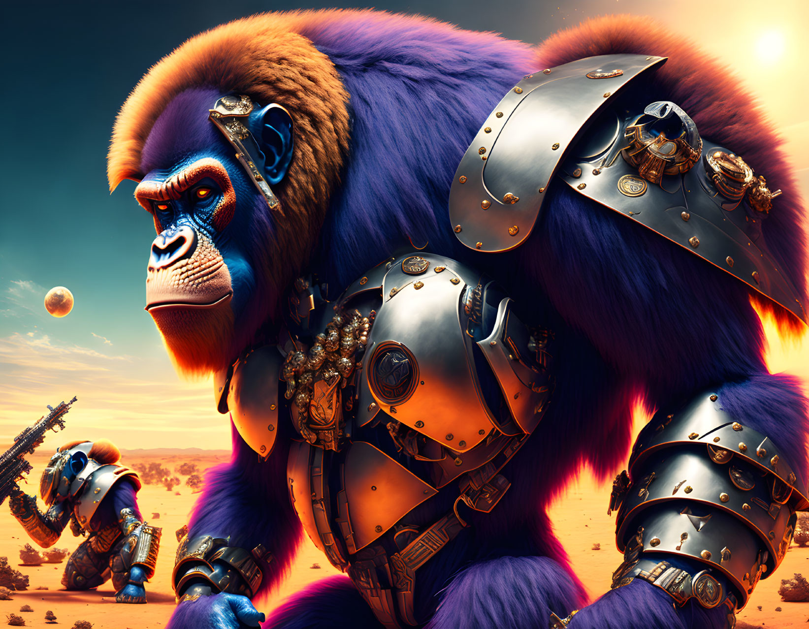 Armored gorillas in futuristic desert landscape